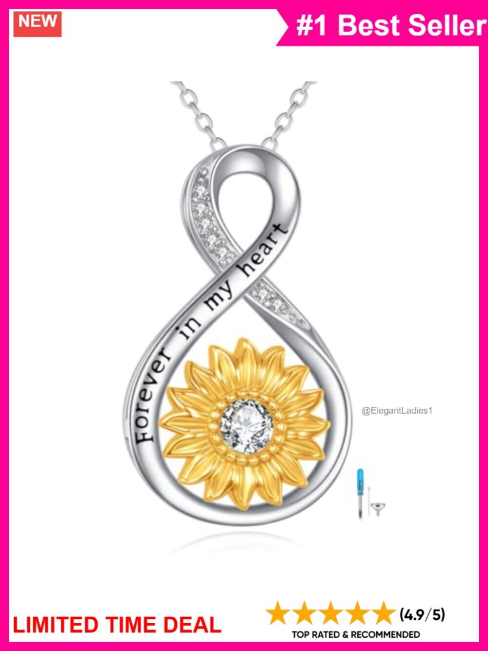 925 Sterling Silver Sunflower Urn Necklace Infinity Pendant Memorial Jewelry